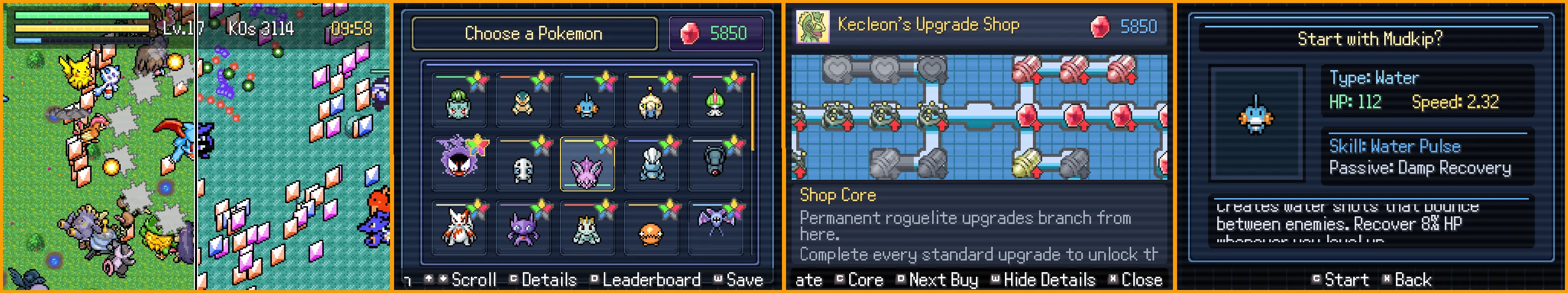 Pokémon Survivor Burst gameplay strip from the official itch.io page, wide pixel field