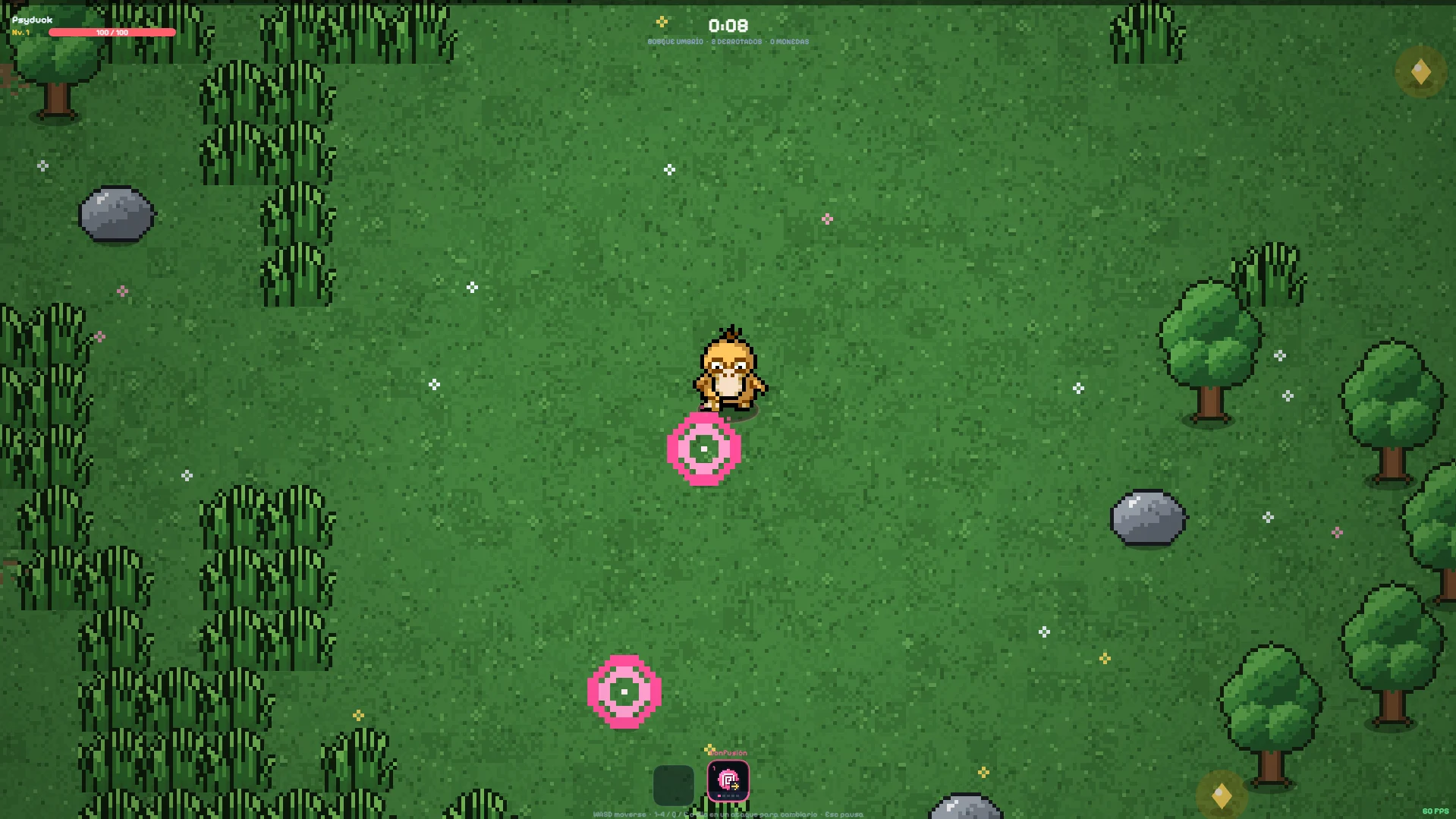 PokéSurvivor browser battle: a partner Pokémon on a grassy field with a health bar and timer